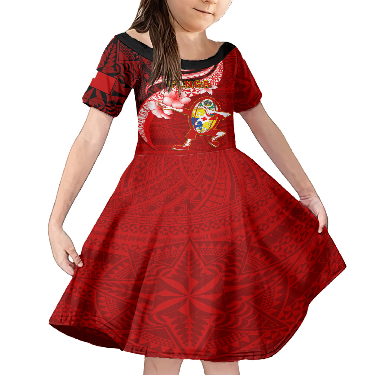 Tonga Rugby Kid Short Sleeve Dress Ikale Tahi Tongan Ngatu Pattern With Dabbing Ball LT14 KID Red - Polynesian Pride