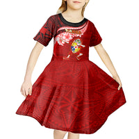 Tonga Rugby Kid Short Sleeve Dress Ikale Tahi Tongan Ngatu Pattern With Dabbing Ball LT14 - Polynesian Pride