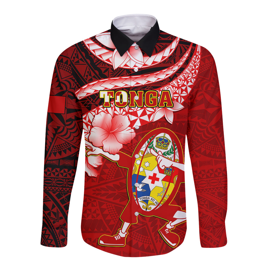 Tonga Rugby Long Sleeve Button Shirt Ikale Tahi Tongan Ngatu Pattern With Dabbing Ball LT14 Unisex Red - Polynesian Pride