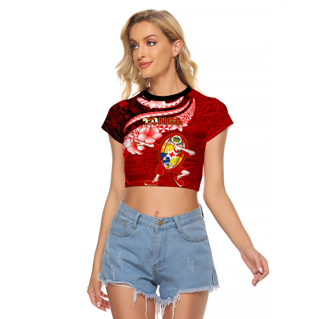 Tonga Rugby Raglan Cropped T Shirt Ikale Tahi Tongan Ngatu Pattern With Dabbing Ball LT14 Female Red - Polynesian Pride