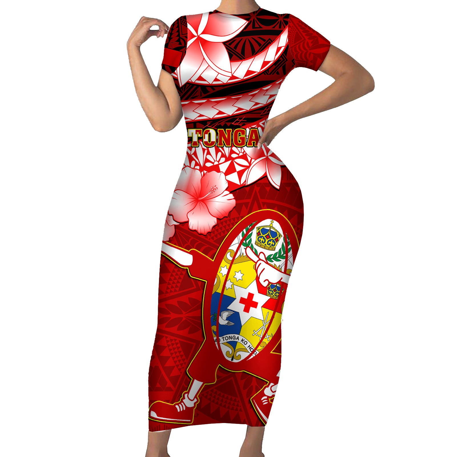 Tonga Rugby Short Sleeve Bodycon Dress Ikale Tahi Tongan Ngatu Pattern With Dabbing Ball LT14 Long Dress Red - Polynesian Pride