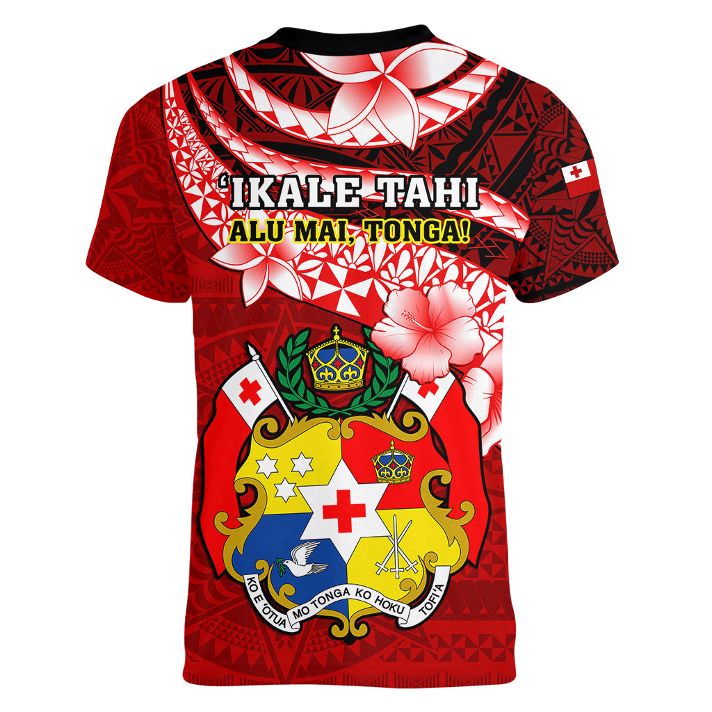 Tonga Rugby Women V Neck T Shirt Ikale Tahi Tongan Ngatu Pattern With Dabbing Ball LT14 - Polynesian Pride