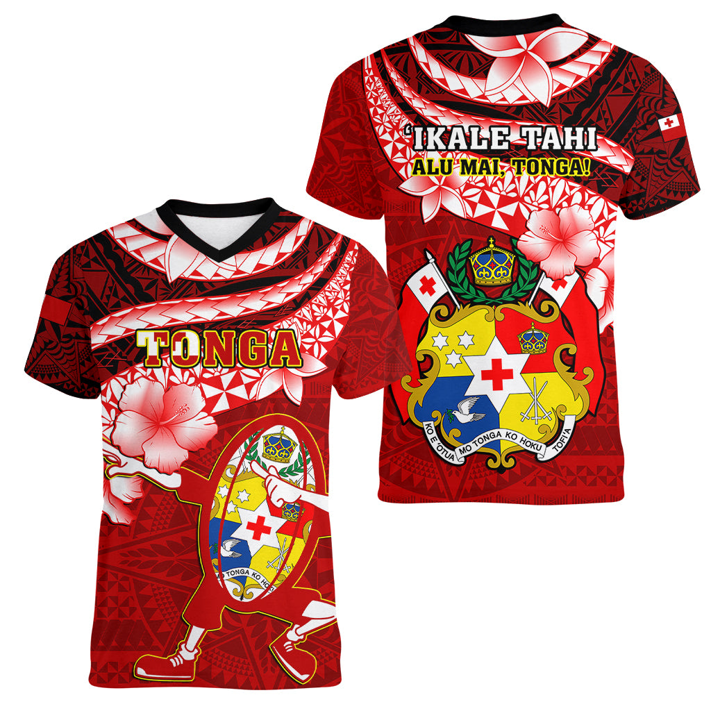 Tonga Rugby Women V Neck T Shirt Ikale Tahi Tongan Ngatu Pattern With Dabbing Ball LT14 - Polynesian Pride