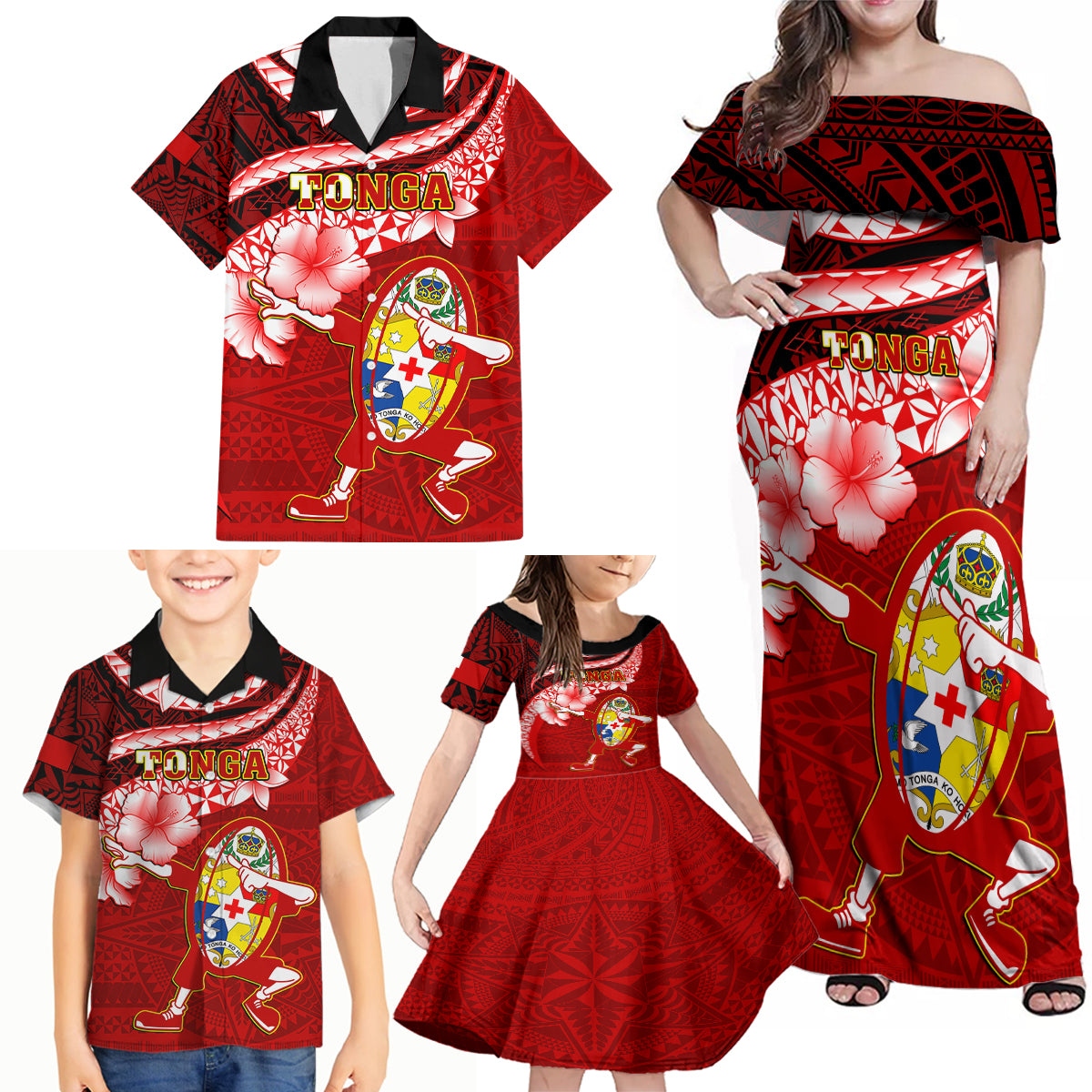 Custom Tonga Rugby Family Matching Off Shoulder Maxi Dress and Hawaiian Shirt Ikale Tahi Tongan Ngatu Pattern With Dabbing Ball LT14 - Polynesian Pride