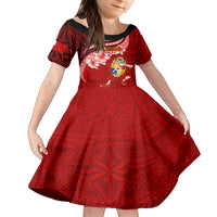 Custom Tonga Rugby Kid Short Sleeve Dress Ikale Tahi Tongan Ngatu Pattern With Dabbing Ball LT14 KID Red - Polynesian Pride