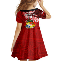 Custom Tonga Rugby Kid Short Sleeve Dress Ikale Tahi Tongan Ngatu Pattern With Dabbing Ball LT14 - Polynesian Pride