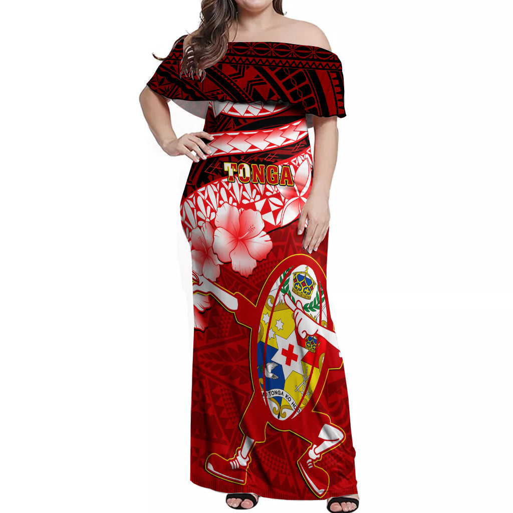 Custom Tonga Rugby Off Shoulder Maxi Dress Ikale Tahi Tongan Ngatu Pattern With Dabbing Ball LT14 Women Red - Polynesian Pride