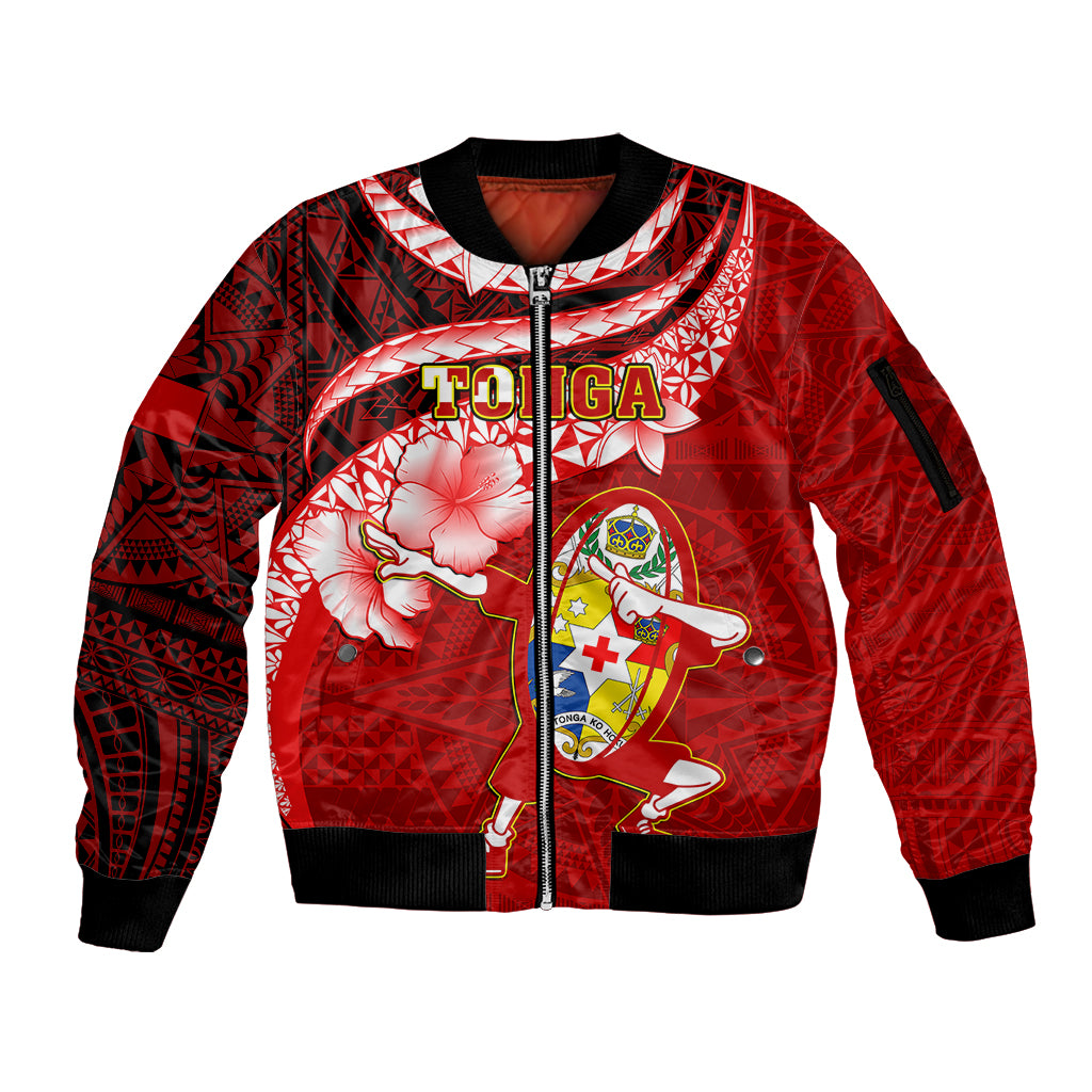 Custom Tonga Rugby Sleeve Zip Bomber Jacket Ikale Tahi Tongan Ngatu Pattern With Dabbing Ball LT14 Unisex Red - Polynesian Pride