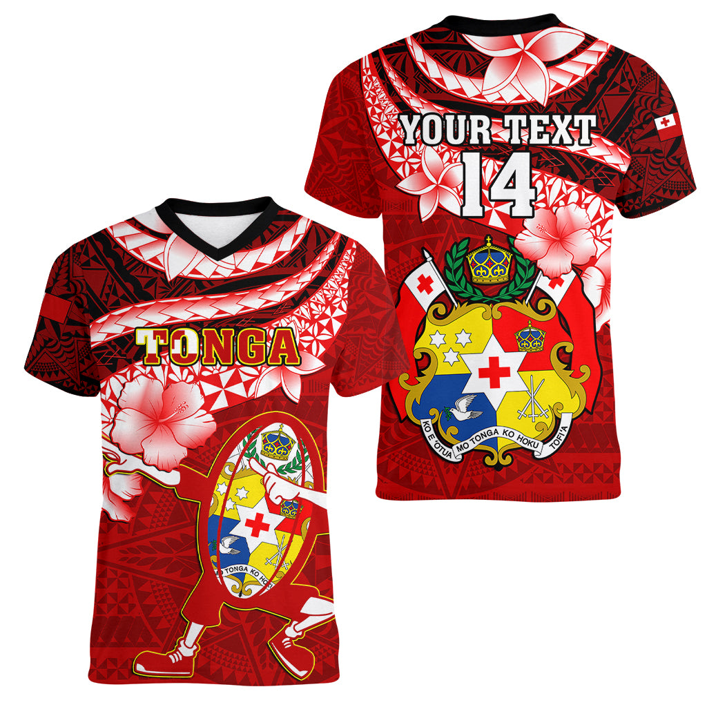 Custom Tonga Rugby Women V Neck T Shirt Ikale Tahi Tongan Ngatu Pattern With Dabbing Ball LT14 - Polynesian Pride