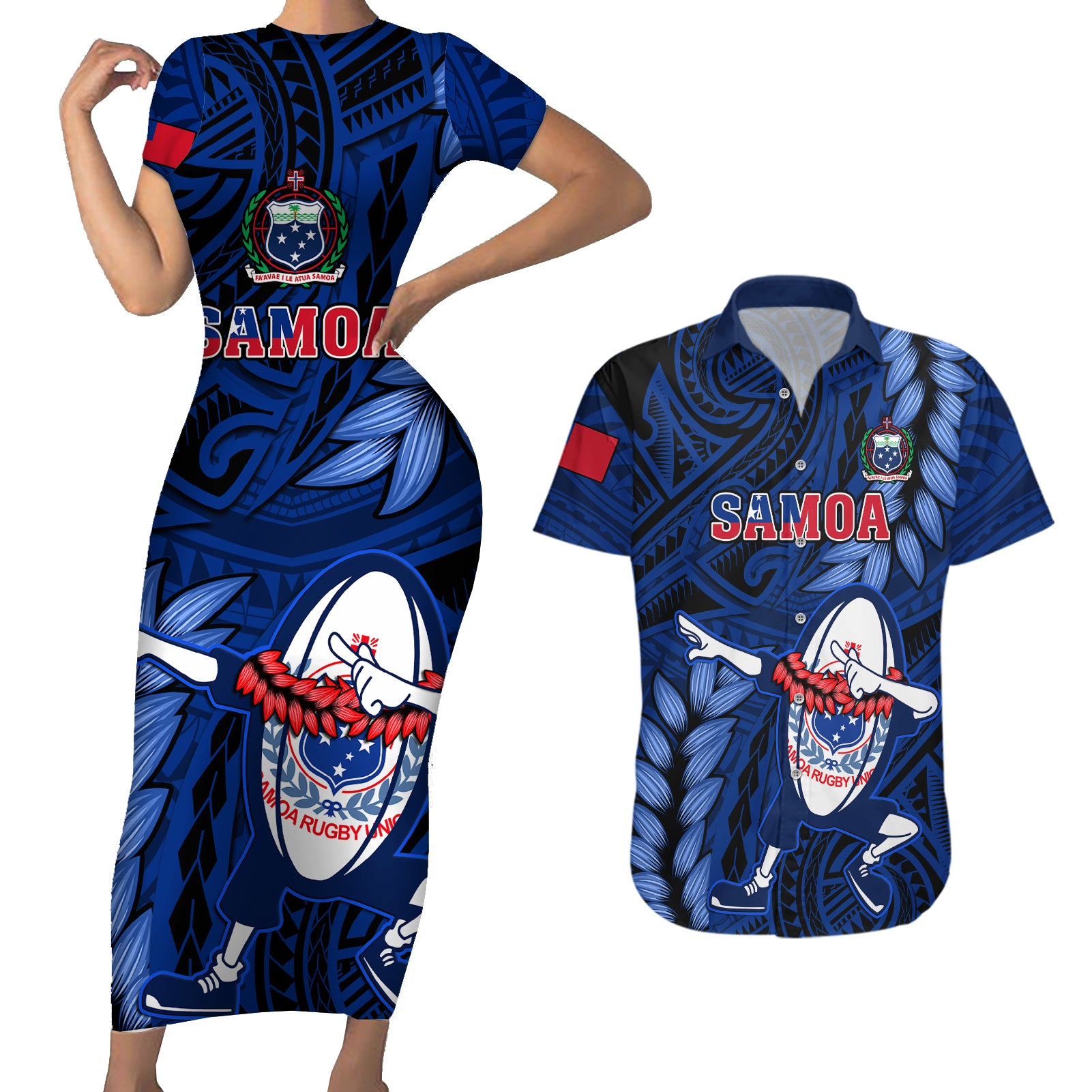 Samoa Rugby Couples Matching Short Sleeve Bodycon Dress and Hawaiian Shirt Manu Samoa Ula Fala Dabbing Ball Polynesian Blue Version LT14 Blue - Polynesian Pride