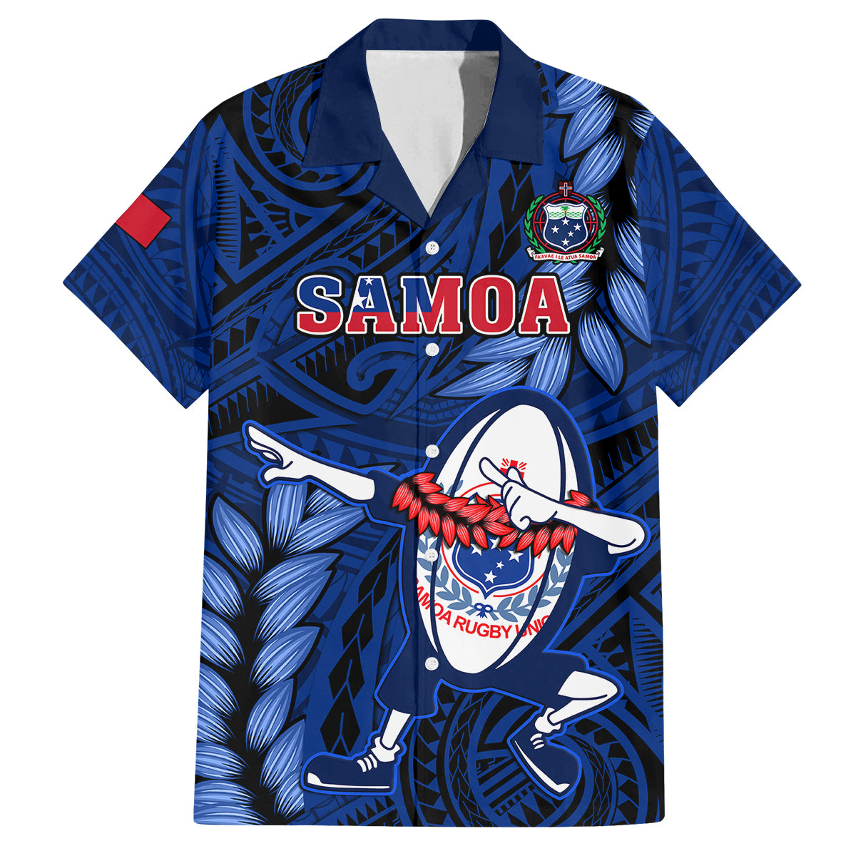 Samoa Rugby Family Matching Off Shoulder Long Sleeve Dress and Hawaiian Shirt Manu Samoa Ula Fala Dabbing Ball Polynesian Blue Version LT14 Dad's Shirt - Short Sleeve Blue - Polynesian Pride