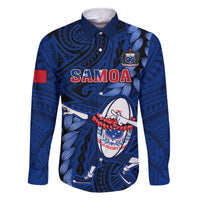 Samoa Rugby Family Matching Short Sleeve Bodycon Dress and Hawaiian Shirt Manu Samoa Ula Fala Dabbing Ball Polynesian Blue Version LT14 Dad's Shirt - Long Sleeve Blue - Polynesian Pride