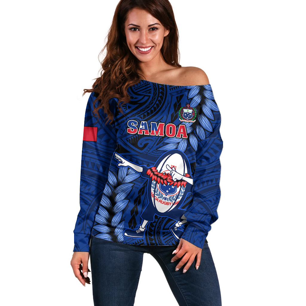 Samoa Rugby Off Shoulder Sweater Manu Samoa Ula Fala Dabbing Ball Polynesian Blue Version LT14 Women Blue - Polynesian Pride