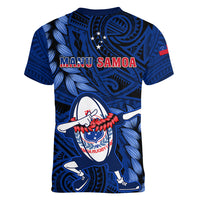 Samoa Rugby Women V Neck T Shirt Manu Samoa Ula Fala Dabbing Ball Polynesian Blue Version LT14 - Polynesian Pride