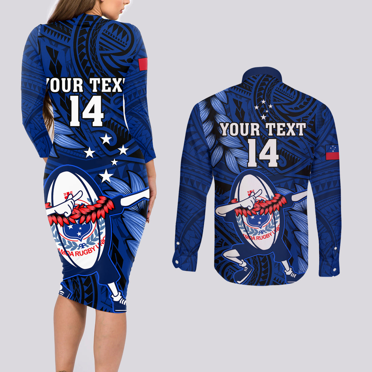 Custom Samoa Rugby Couples Matching Long Sleeve Bodycon Dress and Long Sleeve Button Shirts Manu Samoa Ula Fala Dabbing Ball Polynesian Blue Version LT14 - Polynesian Pride