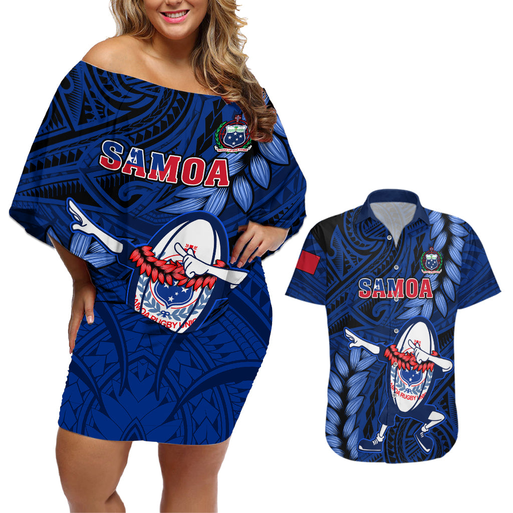 Custom Samoa Rugby Couples Matching Off Shoulder Short Dress and Hawaiian Shirt Manu Samoa Ula Fala Dabbing Ball Polynesian Blue Version LT14 Blue - Polynesian Pride