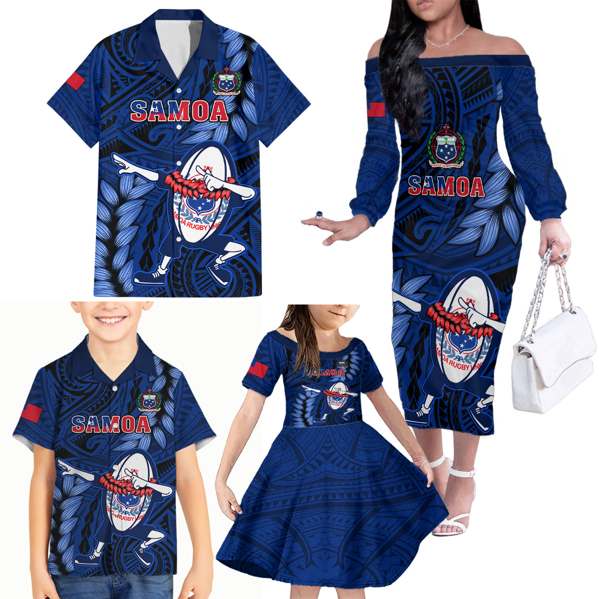 Custom Samoa Rugby Family Matching Off Shoulder Long Sleeve Dress and Hawaiian Shirt Manu Samoa Ula Fala Dabbing Ball Polynesian Blue Version LT14 - Polynesian Pride