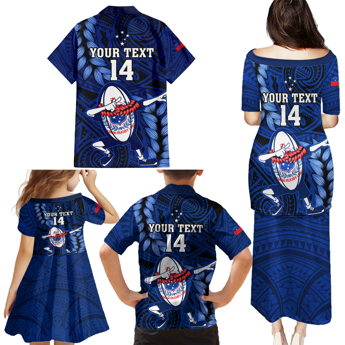 Custom Samoa Rugby Family Matching Puletasi Dress and Hawaiian Shirt Manu Samoa Ula Fala Dabbing Ball Polynesian Blue Version LT14 - Polynesian Pride