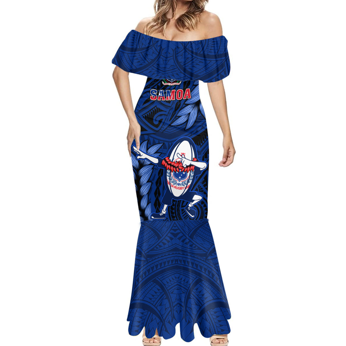 Custom Samoa Rugby Mermaid Dress Manu Samoa Ula Fala Dabbing Ball Polynesian Blue Version LT14 - Polynesian Pride
