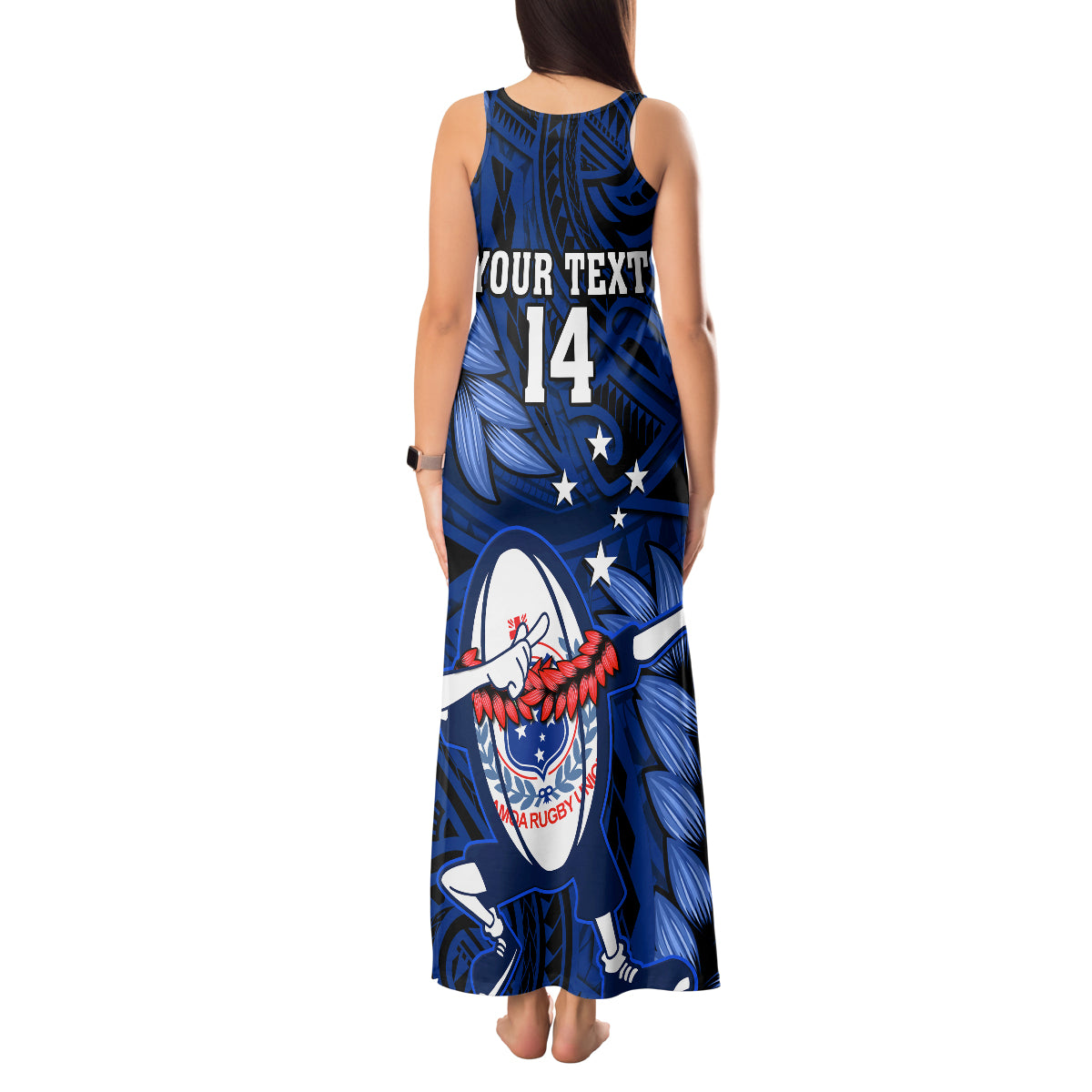 Custom Samoa Rugby Tank Maxi Dress Manu Samoa Ula Fala Dabbing Ball Polynesian Blue Version LT14 - Polynesian Pride