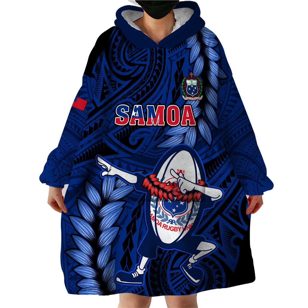 Custom Samoa Rugby Wearable Blanket Hoodie Manu Samoa Ula Fala Dabbing Ball Polynesian Blue Version LT14 - Polynesian Pride