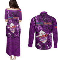 Samoa Rugby Couples Matching Puletasi Dress and Long Sleeve Button Shirts Manu Samoa Ula Fala Dabbing Ball Polynesian Purple Version LT14 - Polynesian Pride