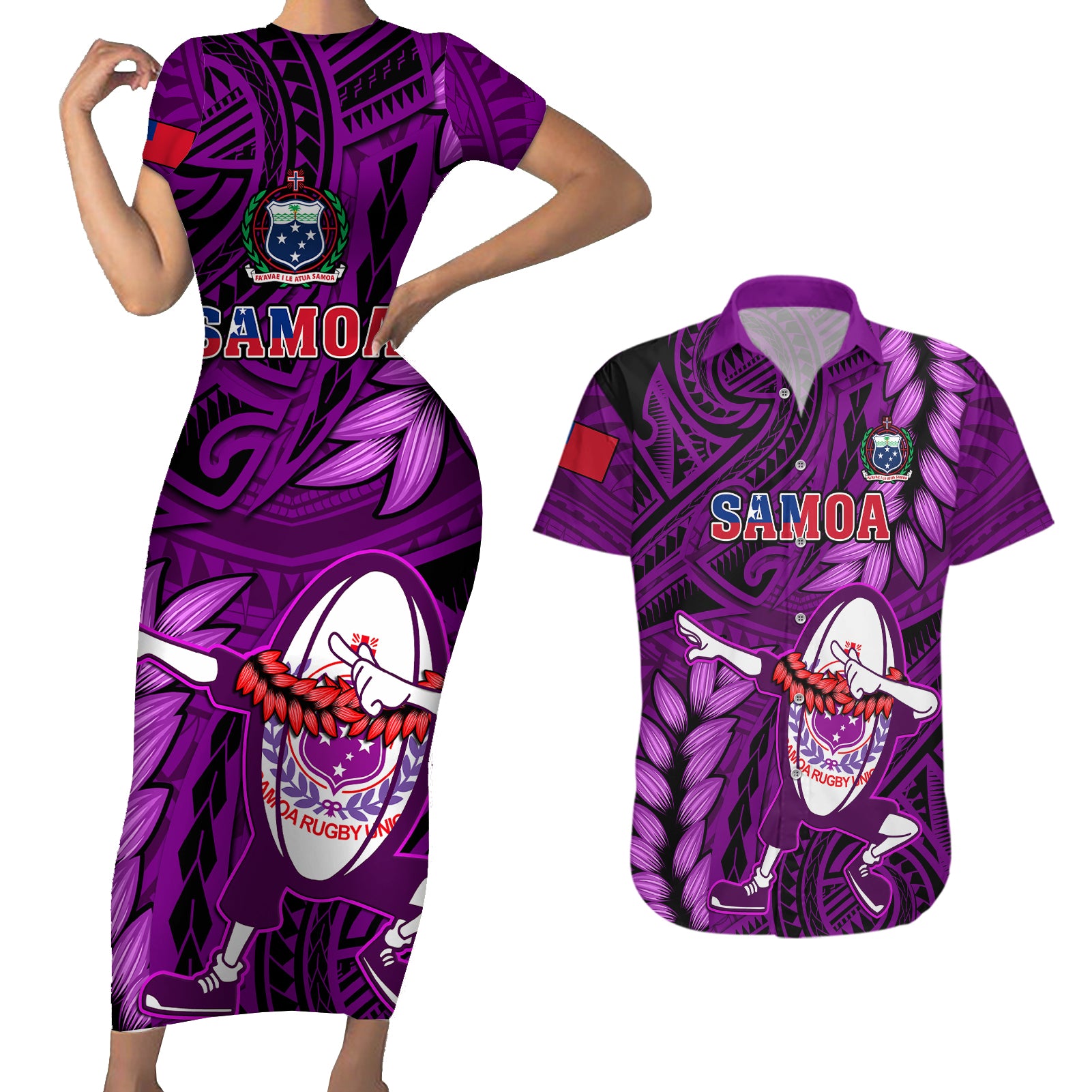 Samoa Rugby Couples Matching Short Sleeve Bodycon Dress and Hawaiian Shirt Manu Samoa Ula Fala Dabbing Ball Polynesian Purple Version LT14 Purple - Polynesian Pride