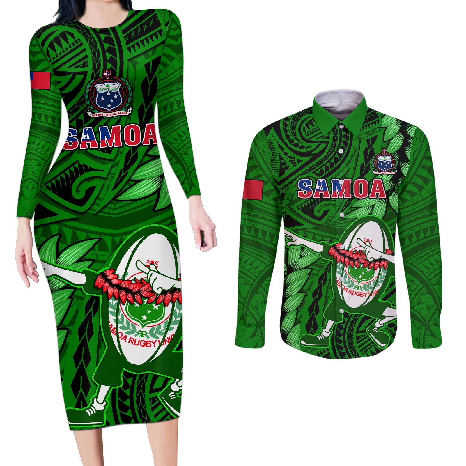 Samoa Rugby Couples Matching Long Sleeve Bodycon Dress and Long Sleeve Button Shirts Manu Samoa Ula Fala Dabbing Ball Polynesian Green Version LT14 Green - Polynesian Pride