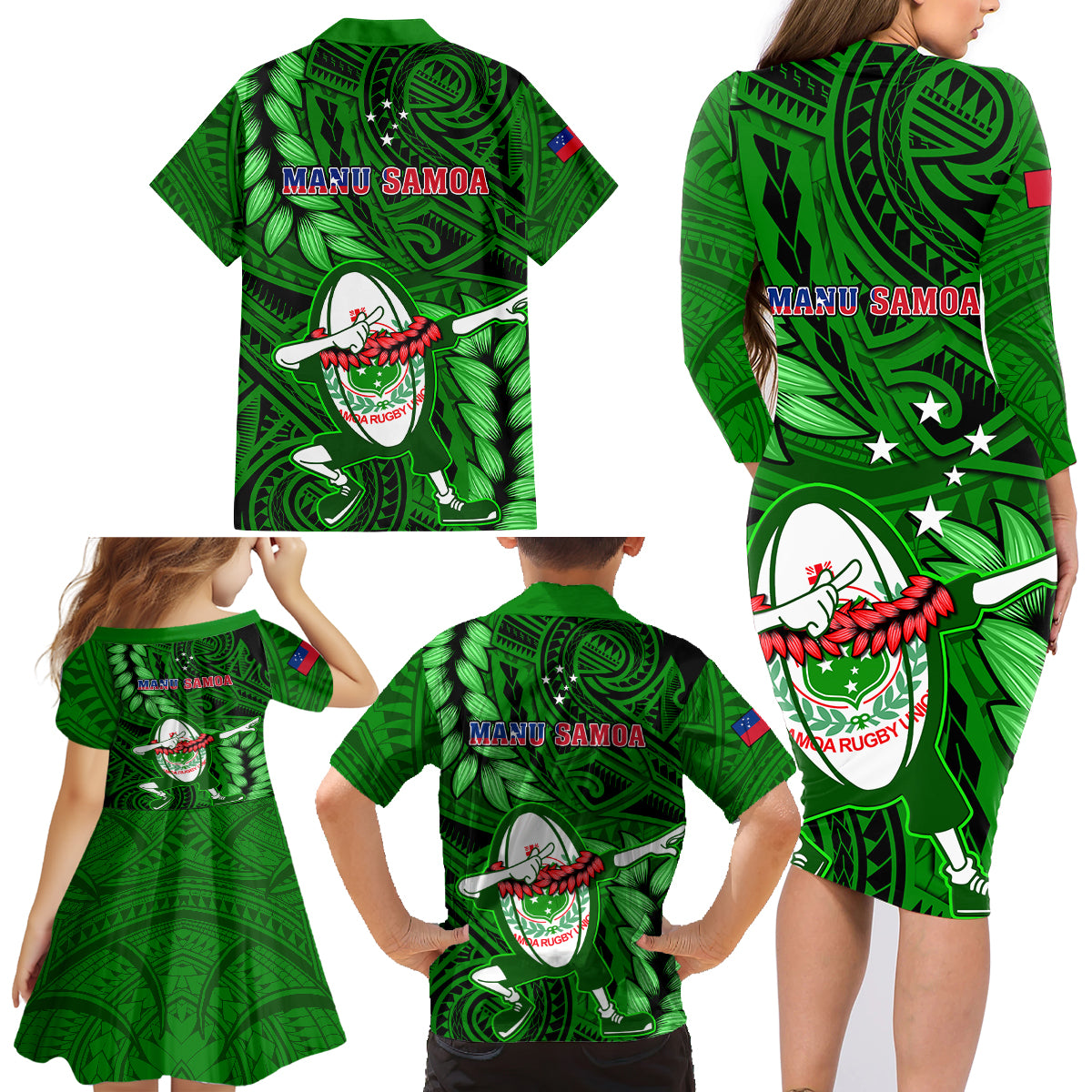 Samoa Rugby Family Matching Long Sleeve Bodycon Dress and Hawaiian Shirt Manu Samoa Ula Fala Dabbing Ball Polynesian Green Version LT14 - Polynesian Pride