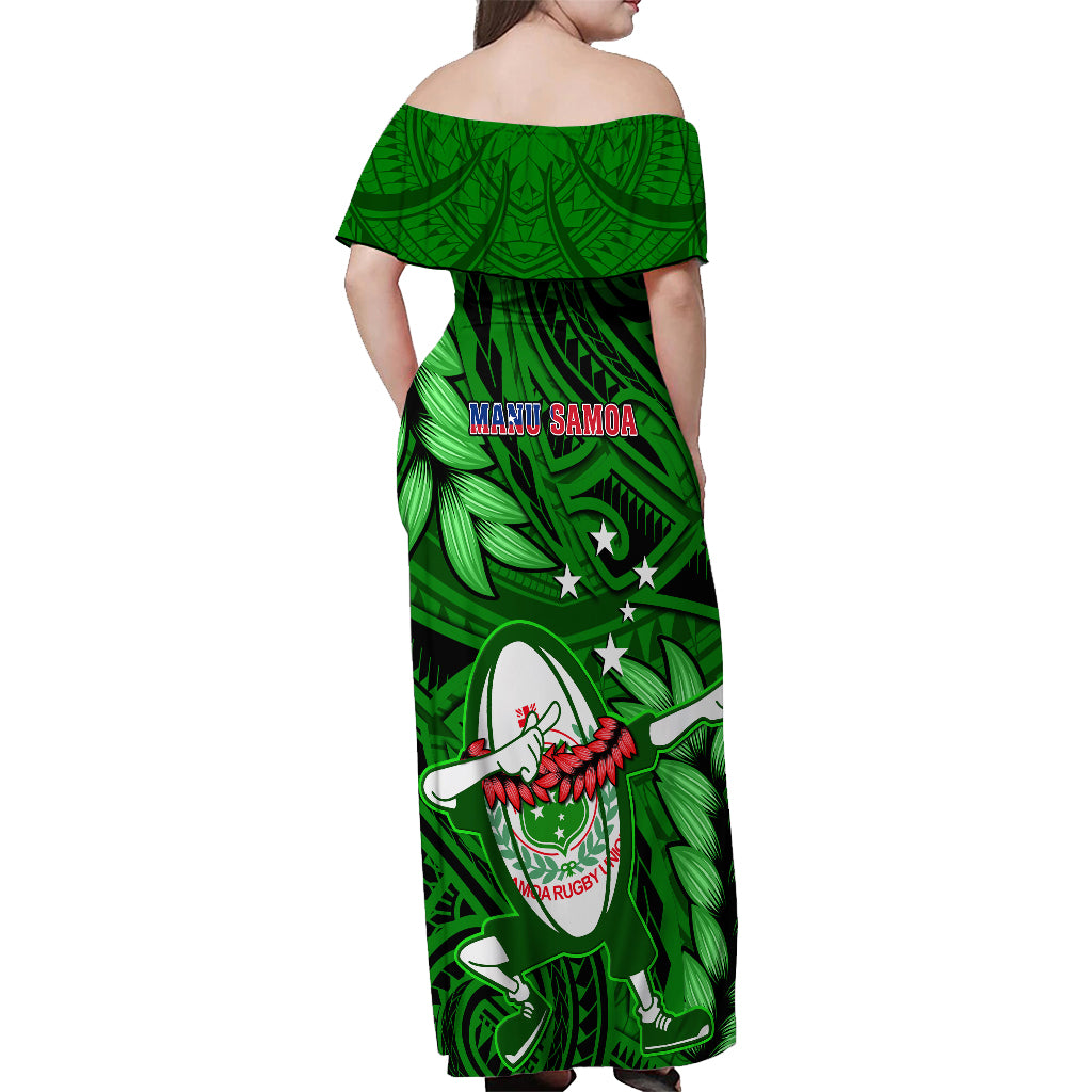 Samoa Rugby Off Shoulder Maxi Dress Manu Samoa Ula Fala Dabbing Ball Polynesian Green Version LT14 - Polynesian Pride