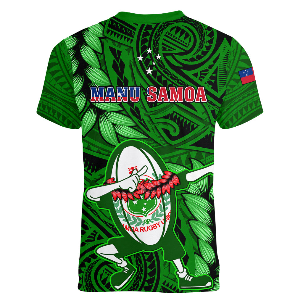 Samoa Rugby Women V Neck T Shirt Manu Samoa Ula Fala Dabbing Ball Polynesian Green Version LT14 - Polynesian Pride