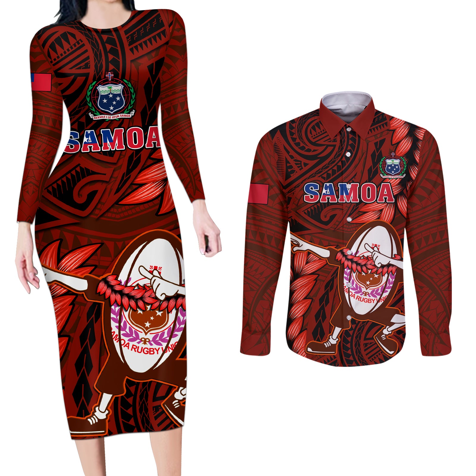 Samoa Rugby Couples Matching Long Sleeve Bodycon Dress and Long Sleeve Button Shirts Manu Samoa Ula Fala Dabbing Ball Polynesian Red Version LT14 Red - Polynesian Pride