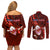 Samoa Rugby Couples Matching Off Shoulder Short Dress and Long Sleeve Button Shirts Manu Samoa Ula Fala Dabbing Ball Polynesian Red Version LT14 - Polynesian Pride