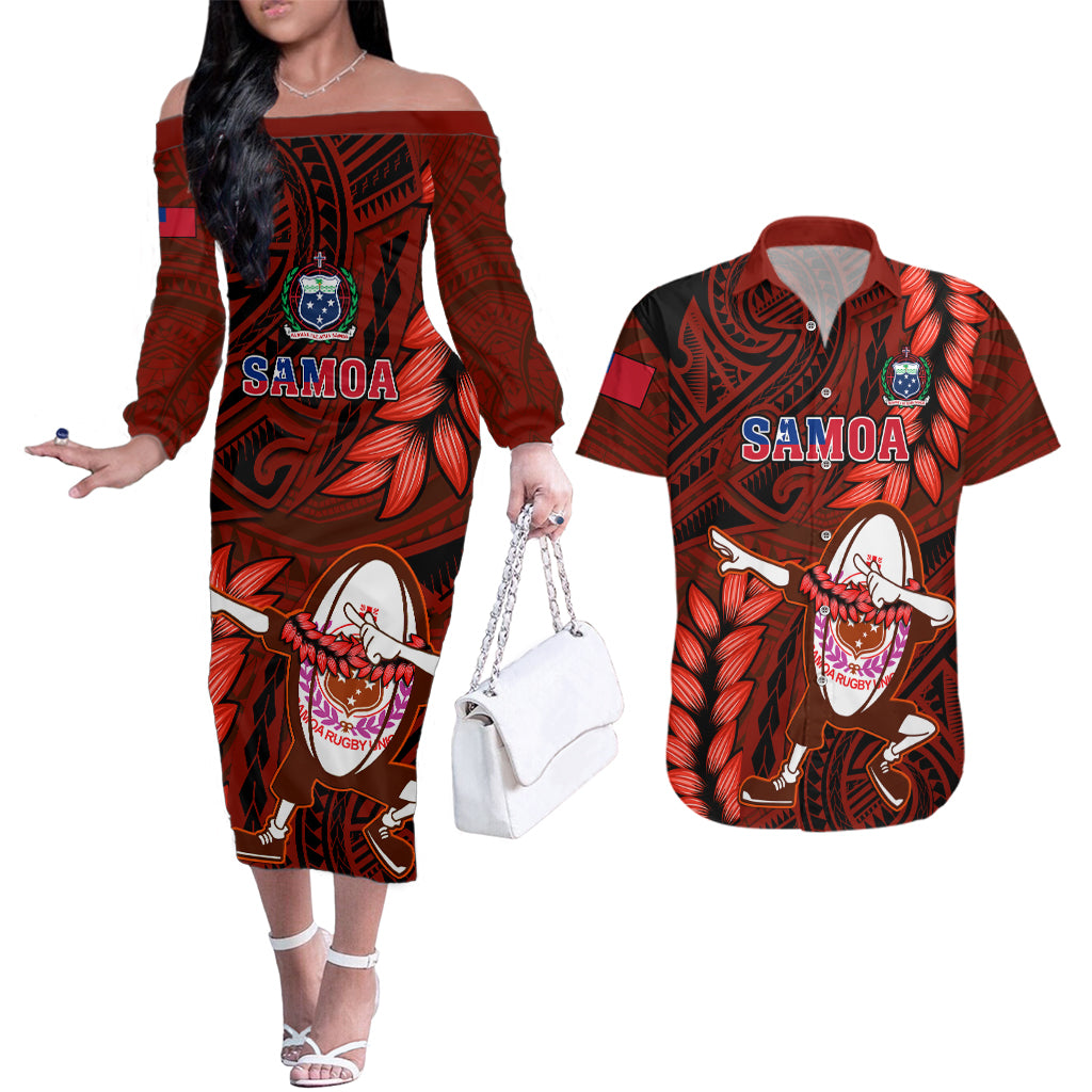 Samoa Rugby Couples Matching Off The Shoulder Long Sleeve Dress and Hawaiian Shirt Manu Samoa Ula Fala Dabbing Ball Polynesian Red Version LT14 Red - Polynesian Pride