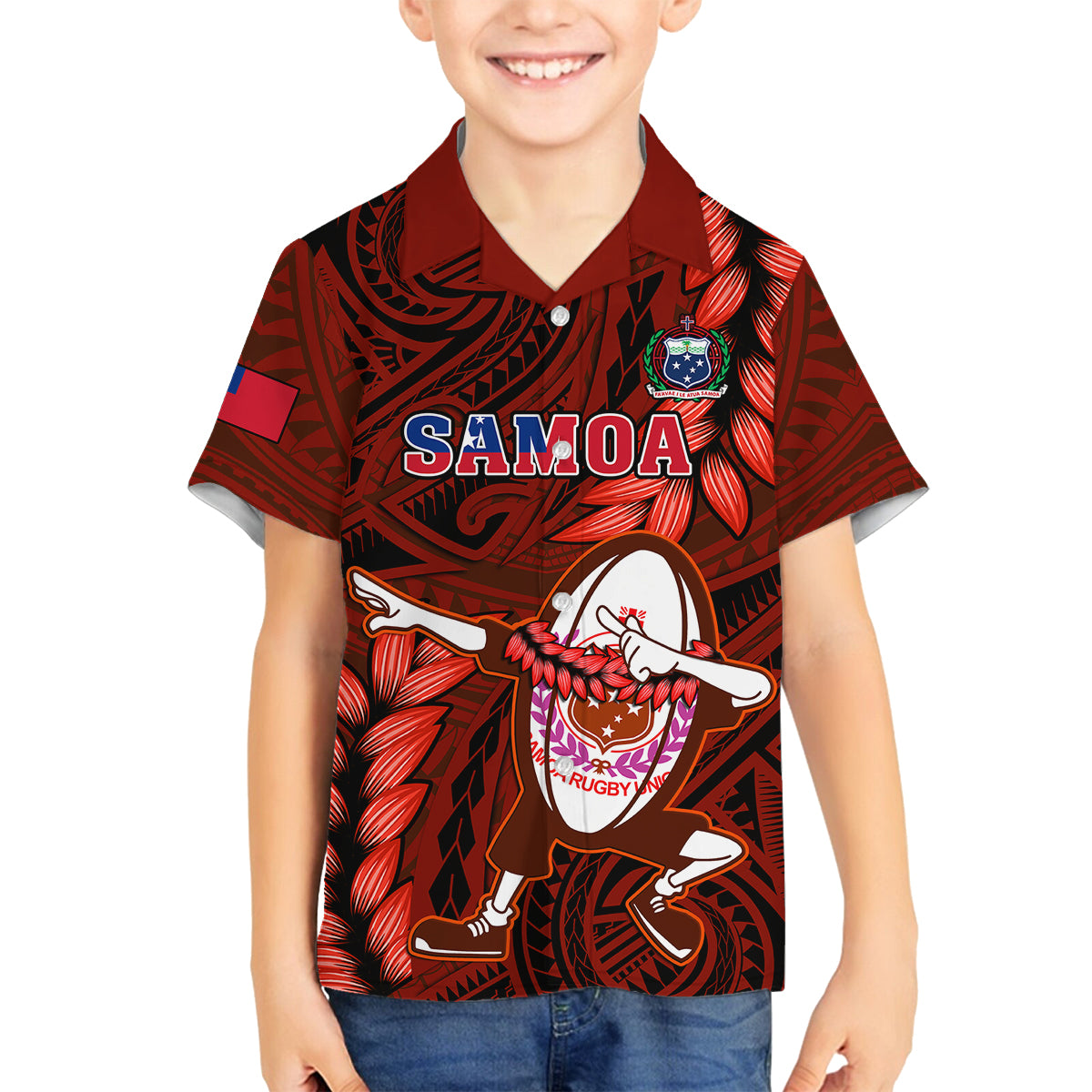 Samoa Rugby Kid Hawaiian Shirt Manu Samoa Ula Fala Dabbing Ball Polynesian Red Version LT14 - Polynesian Pride