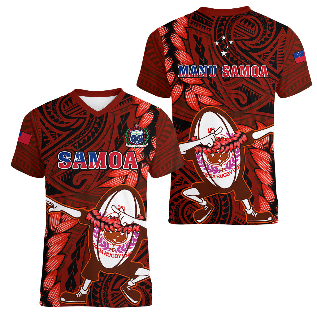 Samoa Rugby Women V Neck T Shirt Manu Samoa Ula Fala Dabbing Ball Polynesian Red Version LT14 - Polynesian Pride