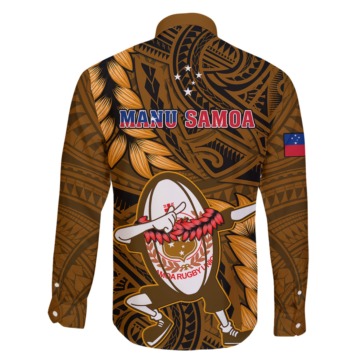 Samoa Rugby Family Matching Off Shoulder Short Dress and Hawaiian Shirt Manu Samoa Ula Fala Dabbing Ball Polynesian Gold Version LT14 - Polynesian Pride