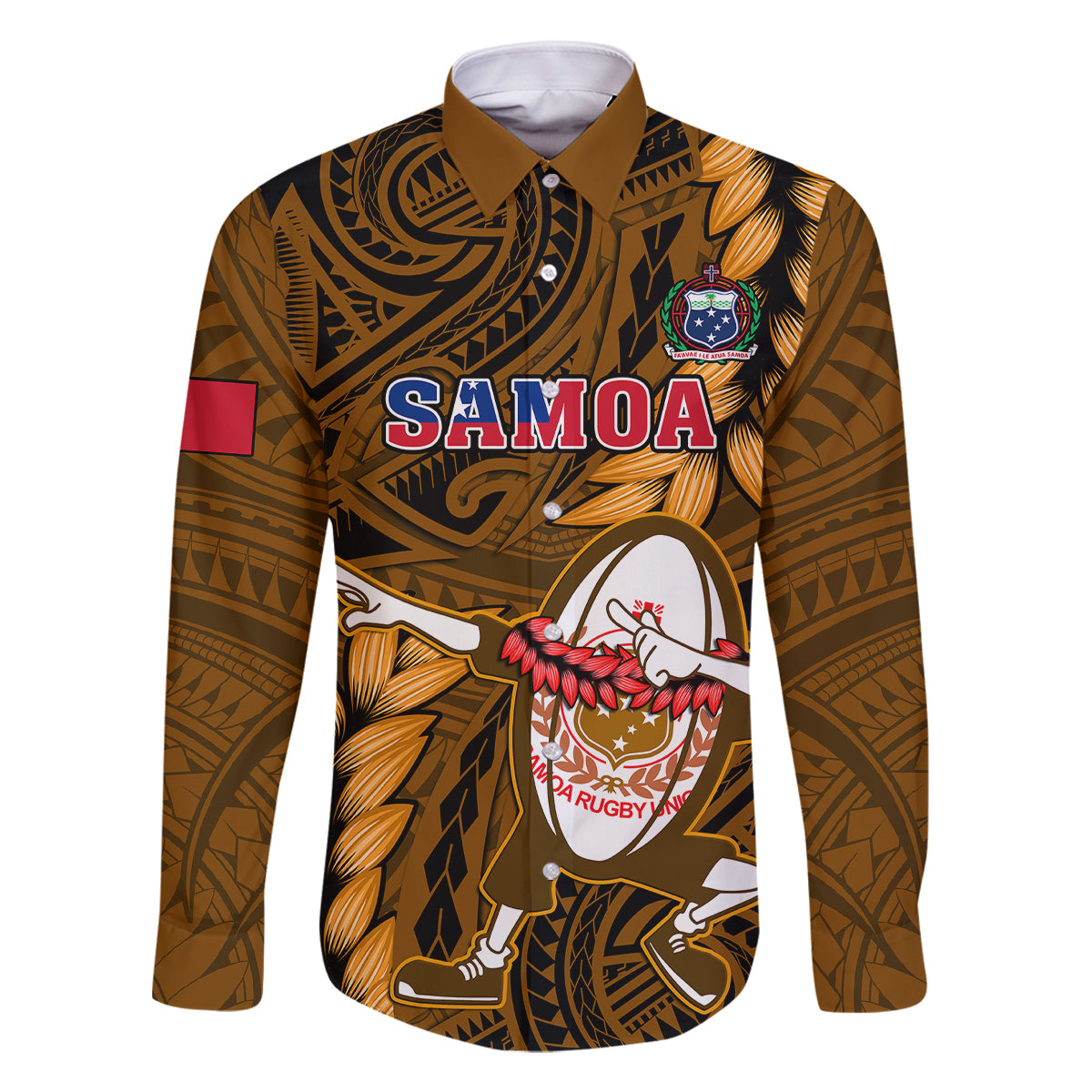 Samoa Rugby Family Matching Puletasi Dress and Hawaiian Shirt Manu Samoa Ula Fala Dabbing Ball Polynesian Gold Version LT14 - Polynesian Pride