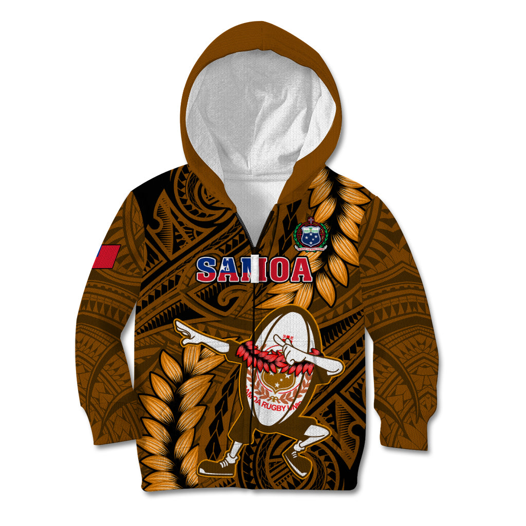 Samoa Rugby Kid Hoodie Manu Samoa Ula Fala Dabbing Ball Polynesian Gold Version LT14 Zip Hoodie Gold - Polynesian Pride
