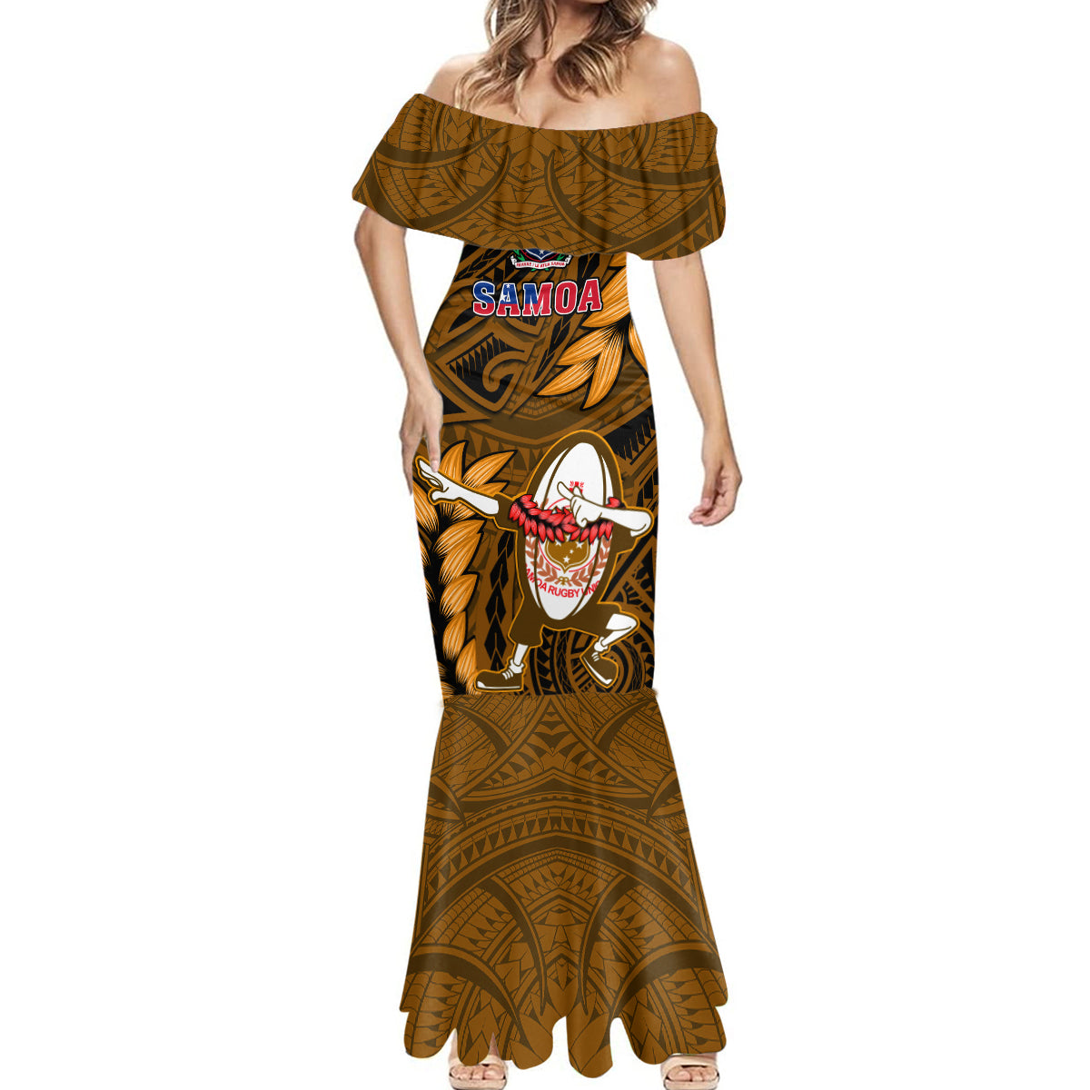 Samoa Rugby Mermaid Dress Manu Samoa Ula Fala Dabbing Ball Polynesian Gold Version LT14 - Polynesian Pride