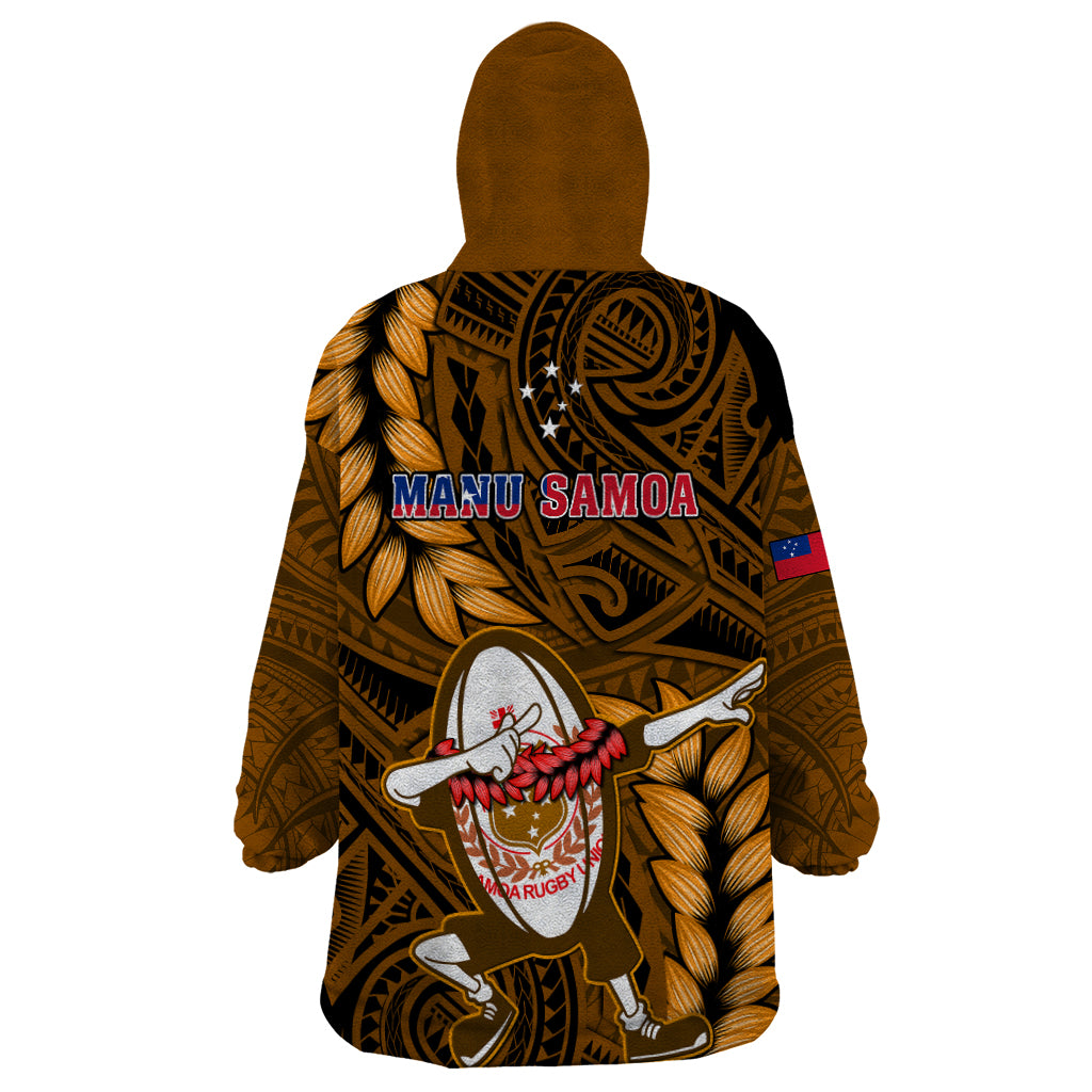 Samoa Rugby Wearable Blanket Hoodie Manu Samoa Ula Fala Dabbing Ball Polynesian Gold Version LT14 - Polynesian Pride