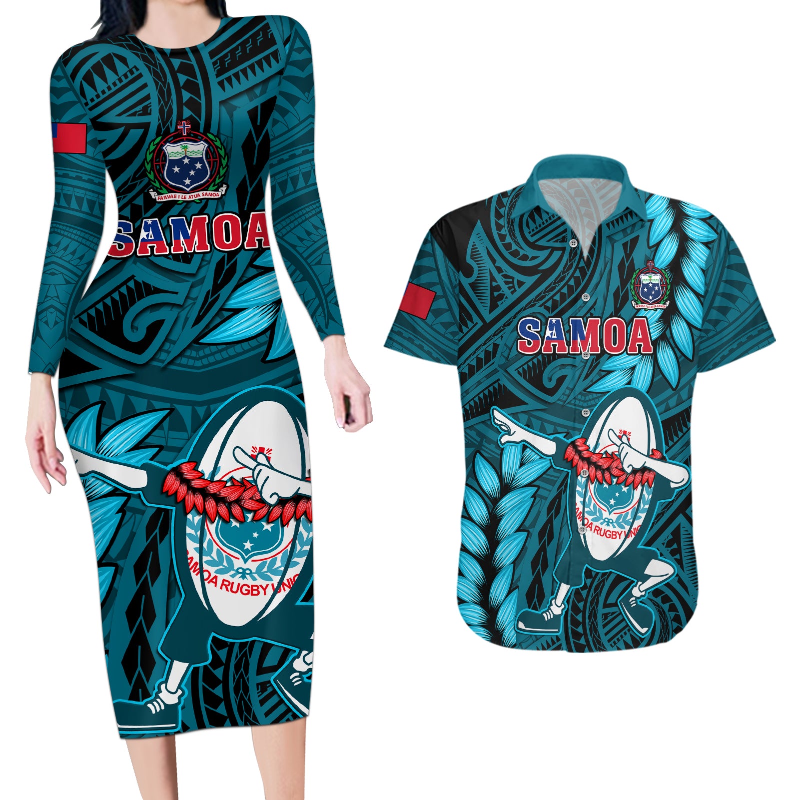 Samoa Rugby Couples Matching Long Sleeve Bodycon Dress and Hawaiian Shirt Manu Samoa Ula Fala Dabbing Ball Polynesian Turquoise Version LT14 Turquoise - Polynesian Pride