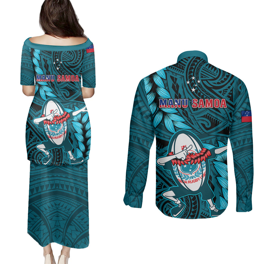 Samoa Rugby Couples Matching Puletasi Dress and Long Sleeve Button Shirts Manu Samoa Ula Fala Dabbing Ball Polynesian Turquoise Version LT14 - Polynesian Pride