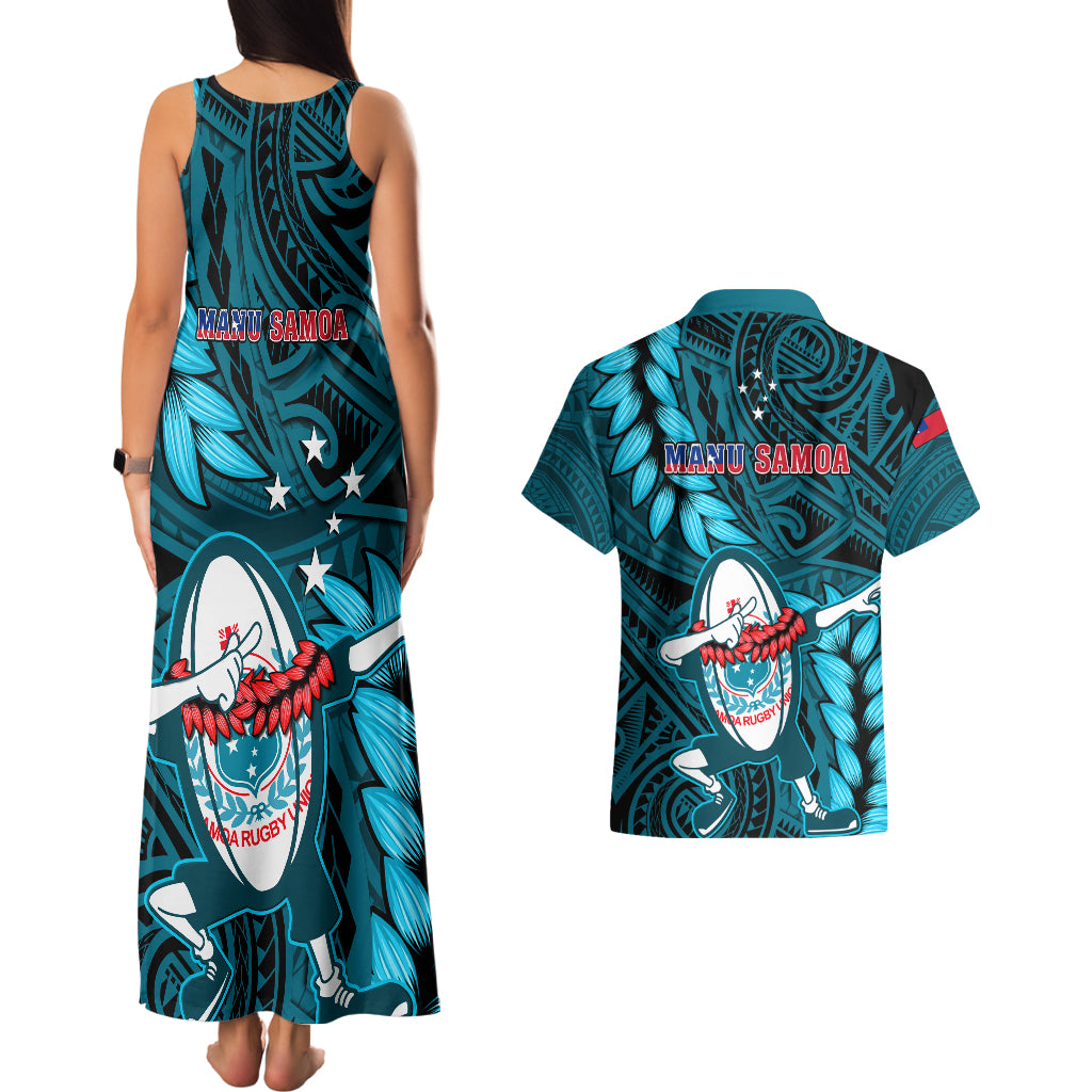 Samoa Rugby Couples Matching Tank Maxi Dress and Hawaiian Shirt Manu Samoa Ula Fala Dabbing Ball Polynesian Turquoise Version LT14 - Polynesian Pride