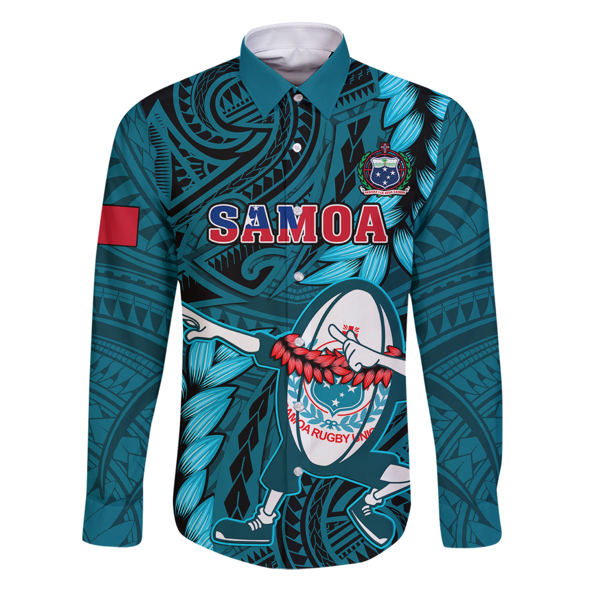 Samoa Rugby Family Matching Summer Maxi Dress and Hawaiian Shirt Manu Samoa Ula Fala Dabbing Ball Polynesian Turquoise Version LT14 - Polynesian Pride