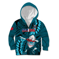 Samoa Rugby Kid Hoodie Manu Samoa Ula Fala Dabbing Ball Polynesian Turquoise Version LT14 Zip Hoodie Turquoise - Polynesian Pride