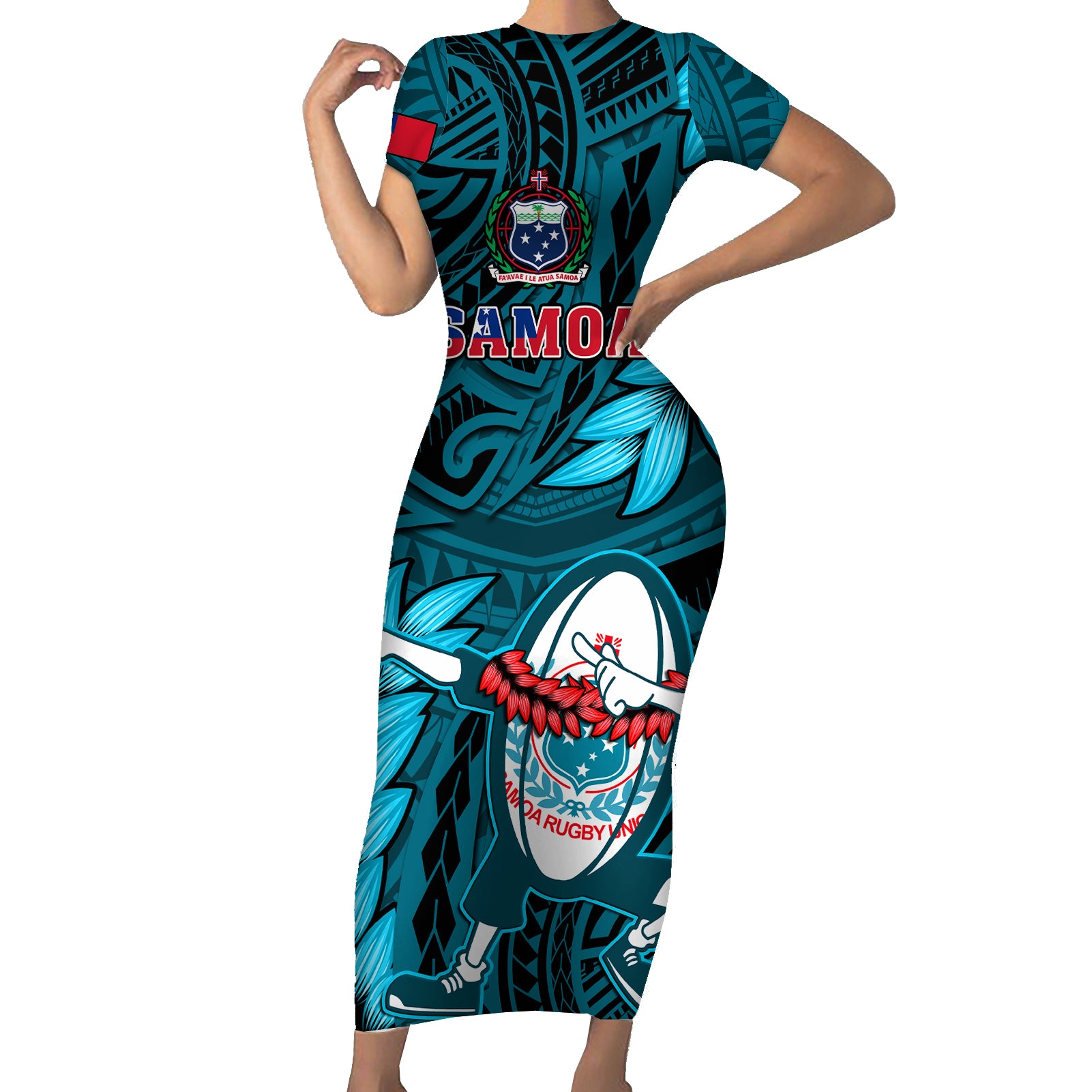 Samoa Rugby Short Sleeve Bodycon Dress Manu Samoa Ula Fala Dabbing Ball Polynesian Turquoise Version LT14 Long Dress Turquoise - Polynesian Pride