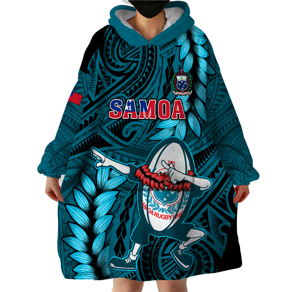 Samoa Rugby Wearable Blanket Hoodie Manu Samoa Ula Fala Dabbing Ball Polynesian Turquoise Version LT14 - Polynesian Pride