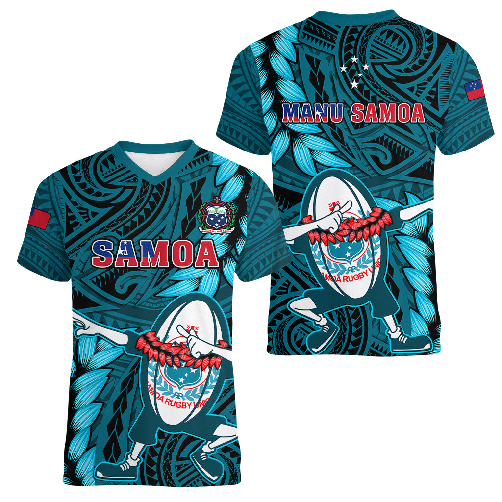 Samoa Rugby Women V Neck T Shirt Manu Samoa Ula Fala Dabbing Ball Polynesian Turquoise Version LT14 - Polynesian Pride