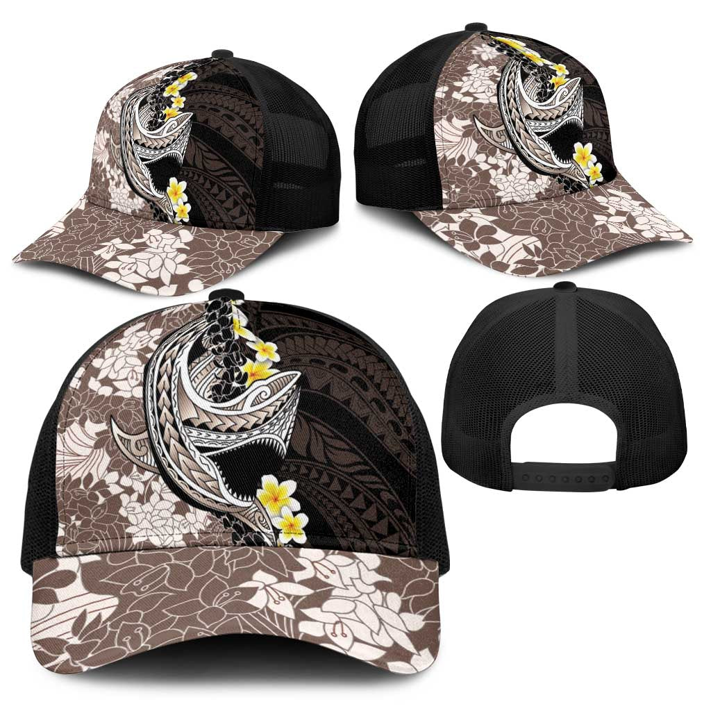 Brown and Black Hawaii Shark Tattoo Baseball Net Cap Puakenikeni Lei Plumeria Polynesian Pattern - Polynesian Pride